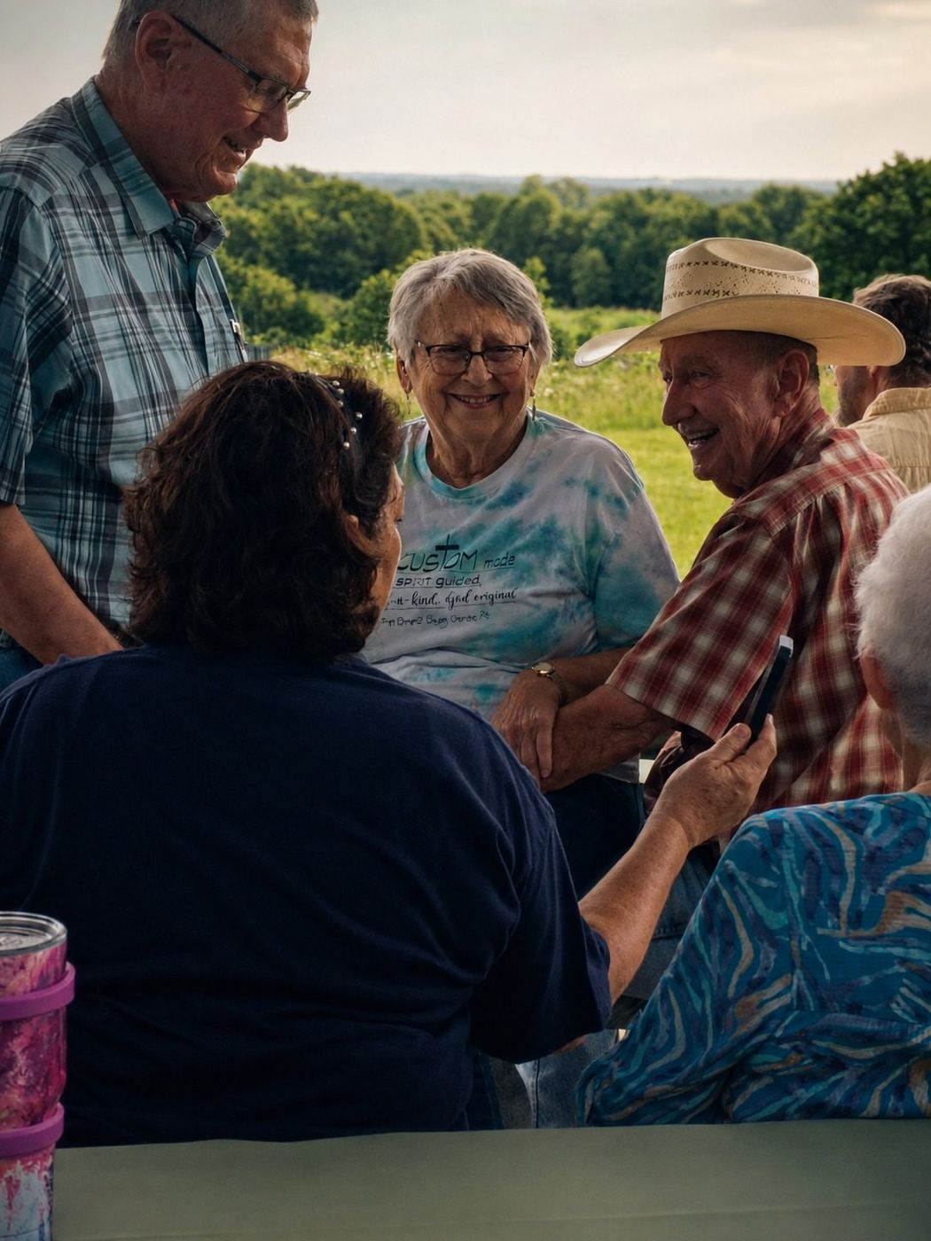 Friends laughing together at an outdoor church gathering