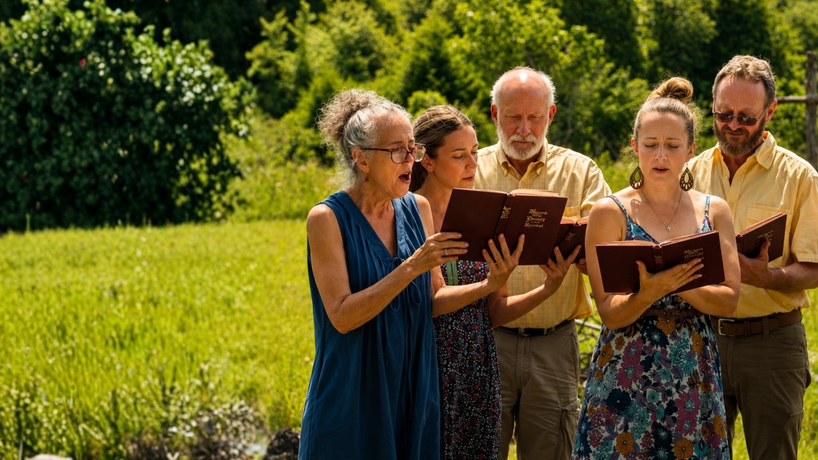 A group singing hymns together outdoors