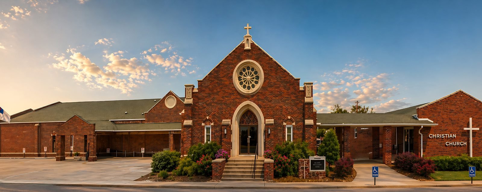 The front of First Christian Church on Route 66 in Chandler