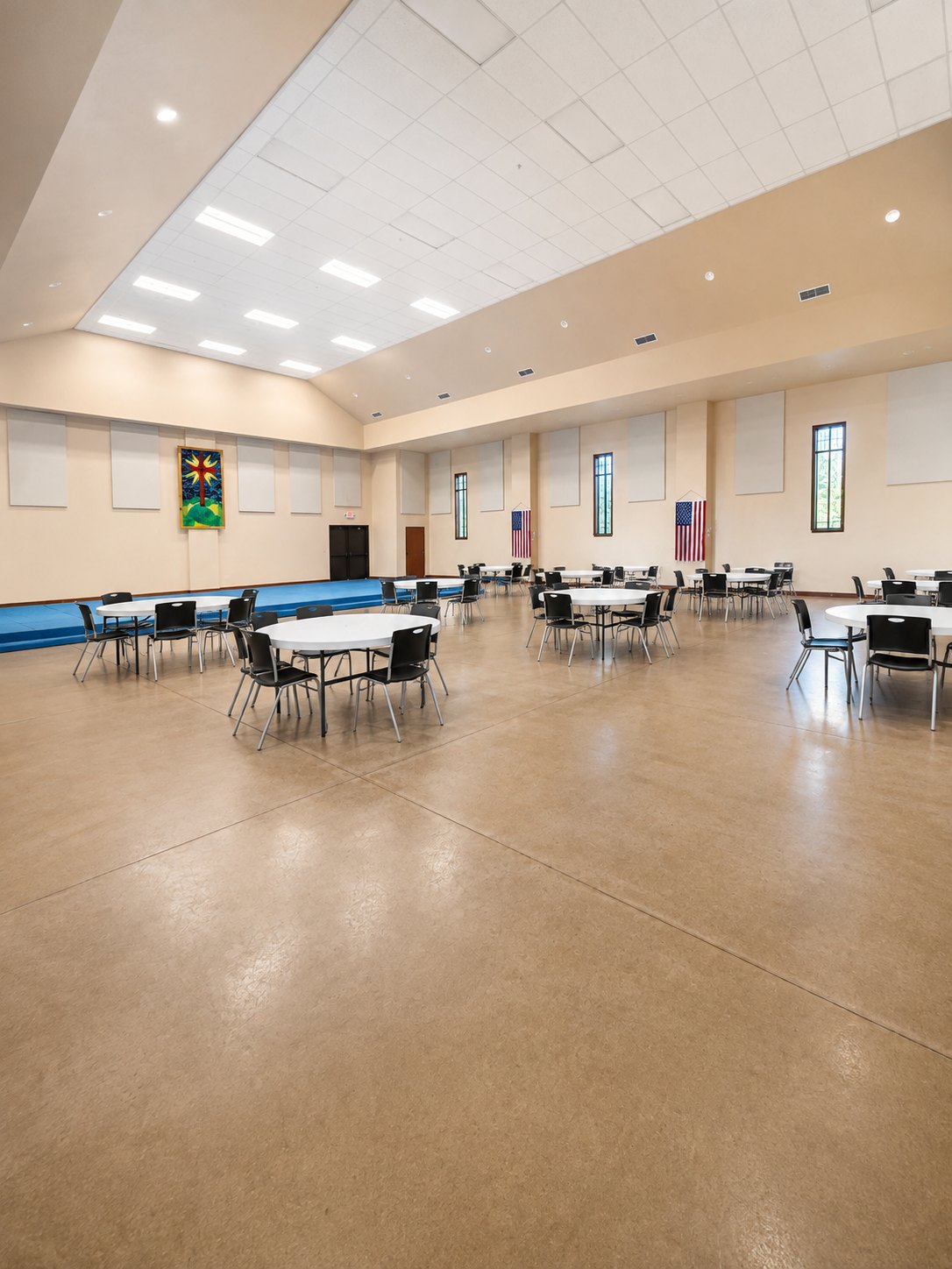 Large Fellowship Hall set with round tables