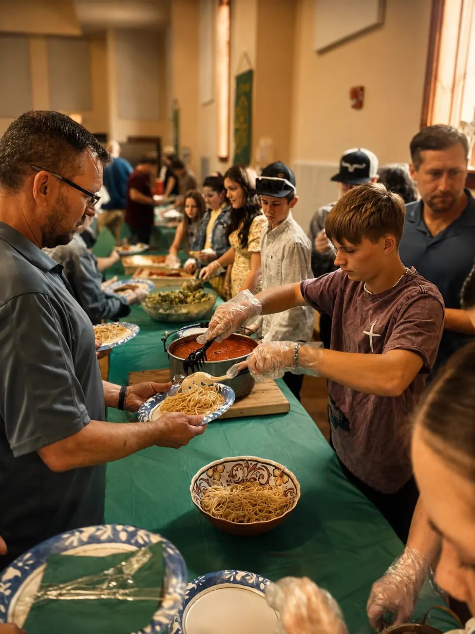 FCC youth and adults serving food together at a church meal