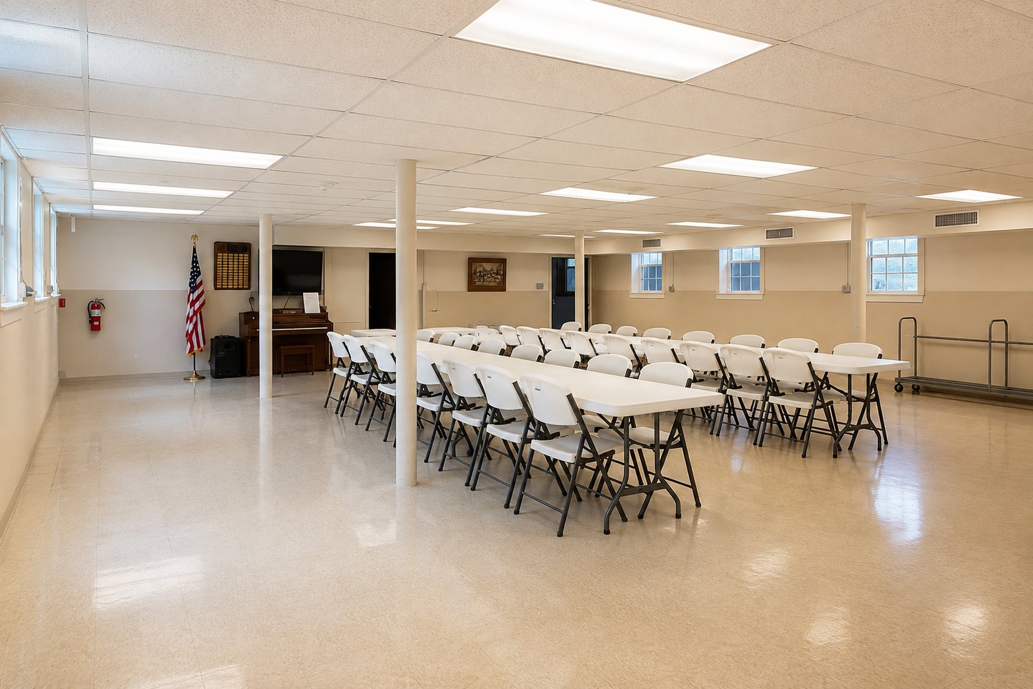 Small Fellowship Hall set with tables and chairs