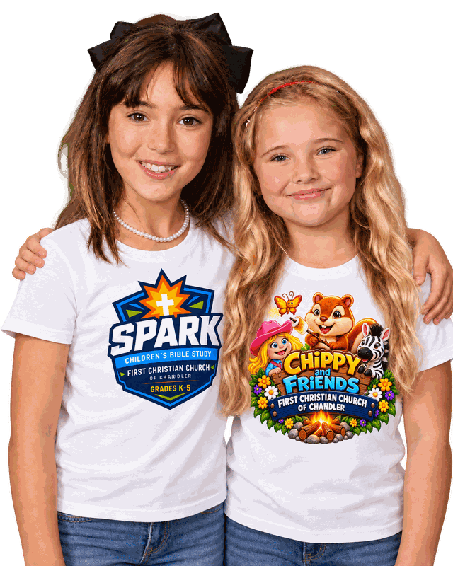 Two girls wearing SPARK Children's Bible Study t-shirts from the FCC fundraising store